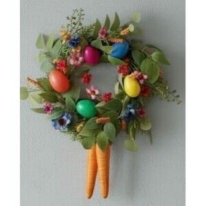 14” Wreath Easter Spring Multicolored Flowers Greenery Eggs and Dangling Carrots
